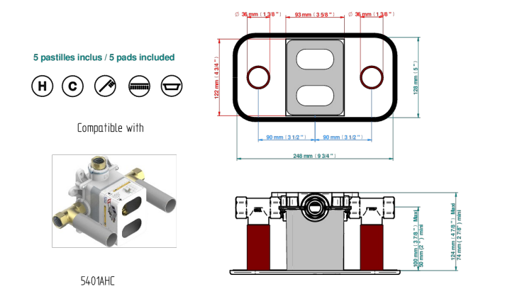 Set de finition THG pour douche thermostatique à encastrer avec deux robinets d'arrêt pour installation horizontale à 2 fonctions - Collection "Le 9 howlite" - vue 7