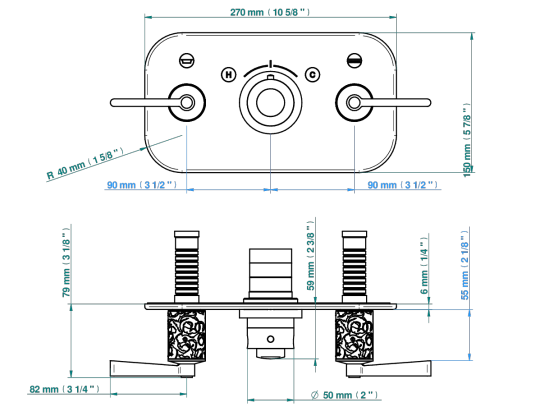 Set de finition THG pour douche thermostatique à encastrer avec deux robinets d'arrêt pour installation horizontale à 2 fonctions - Collection "Froufrou à manettes" - vue 7
