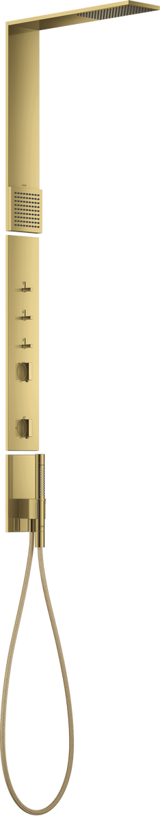 Colonne de douche thermostatique Axor ShowerComposition avec douche de tête 110/120 et douchette d’épaule en doré poli