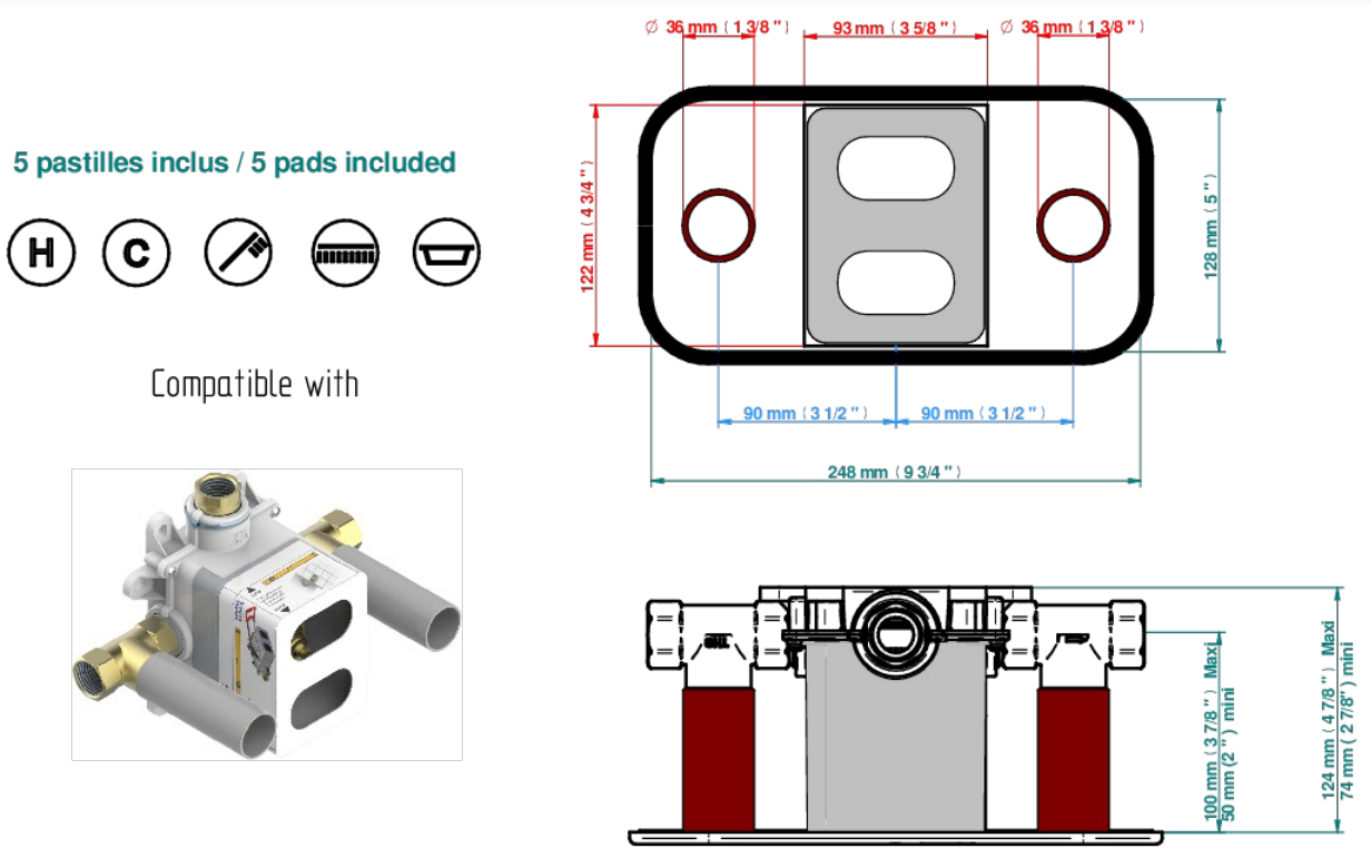 Set de finition THG pour douche thermostatique à encastrer avec deux robinets d'arrêt pour installation horizontale à 2 fonctions - Collection "Yoko Color" - vue 6