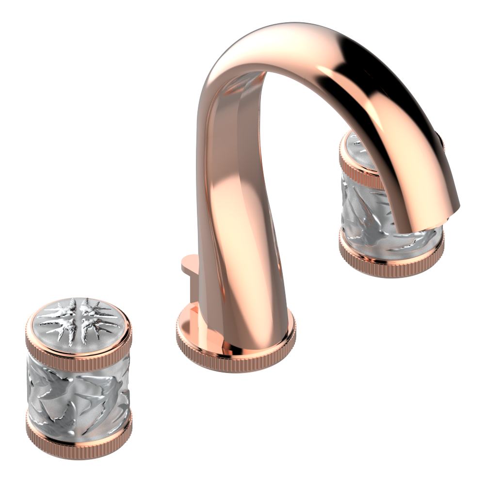 Mélangeur de lavabo 3 trous THG avec vidage pour serrage marbre - Collection "Hirondelles tamponnées platine" — vue 4