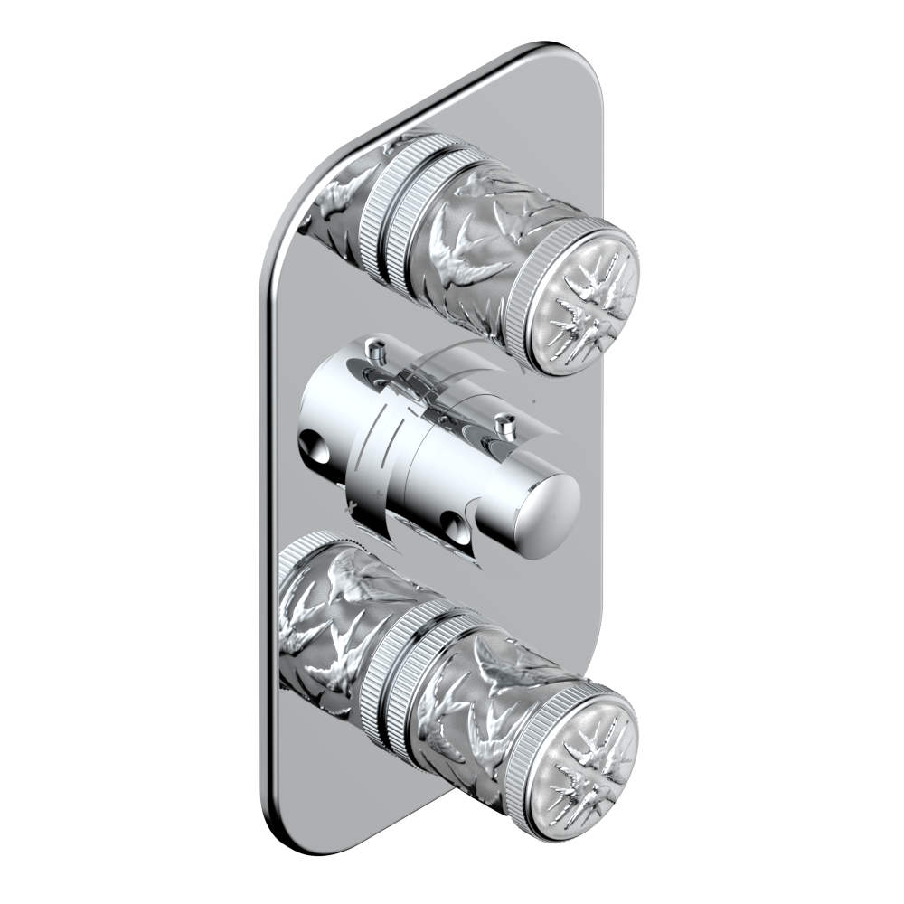 Set de finition THG pour douche thermostatique à encastrer avec deux robinets d&#39;arrêt à 2 fonctions - Collection &quot;Hirondelles tamponnées platine&quot;