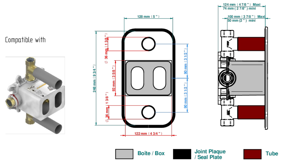 Set de finition THG pour douche thermostatique à encastrer avec deux robinets d'arrêt à 2 fonctions - Collection "Hirondelles tamponnées platine" - vue 5