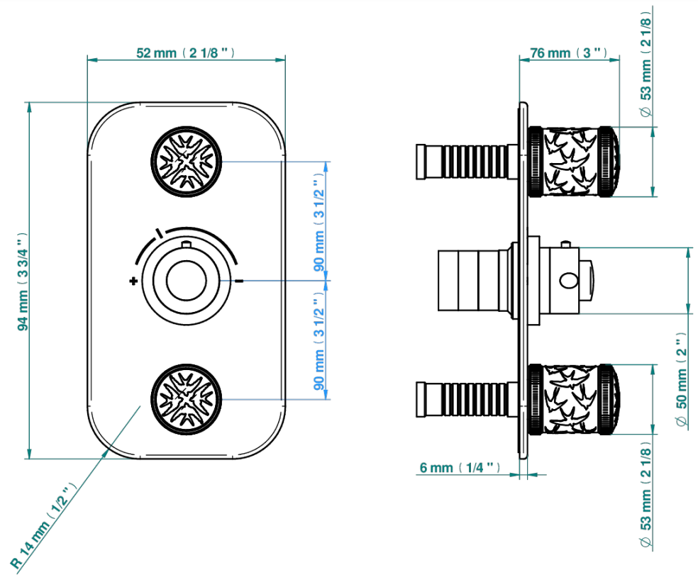 Set de finition THG pour douche thermostatique à encastrer avec deux robinets d'arrêt à 2 fonctions - Collection "Hirondelles tamponnées platine" - vue 6