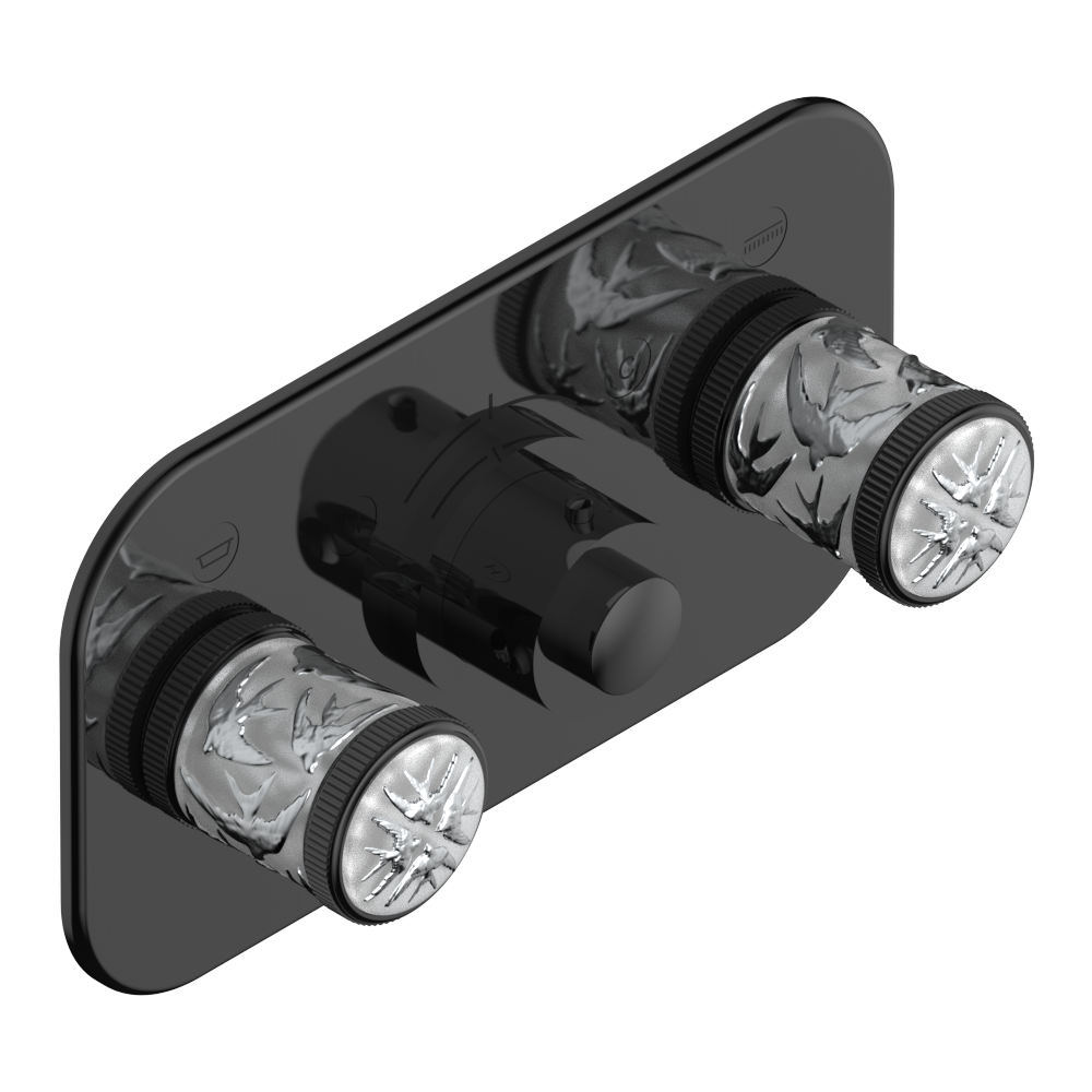 Set de finition THG pour douche thermostatique à encastrer avec deux robinets d'arrêt pour installation horizontale à 2 fonctions - Collection "Hirondelles tamponnées platine" — vue 2