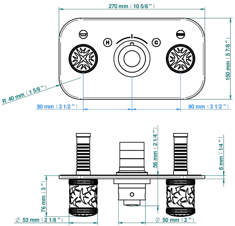Set de finition THG pour douche thermostatique à encastrer avec deux robinets d'arrêt pour installation horizontale à 2 fonctions - Collection "Hirondelles tamponnées platine" - vue 5