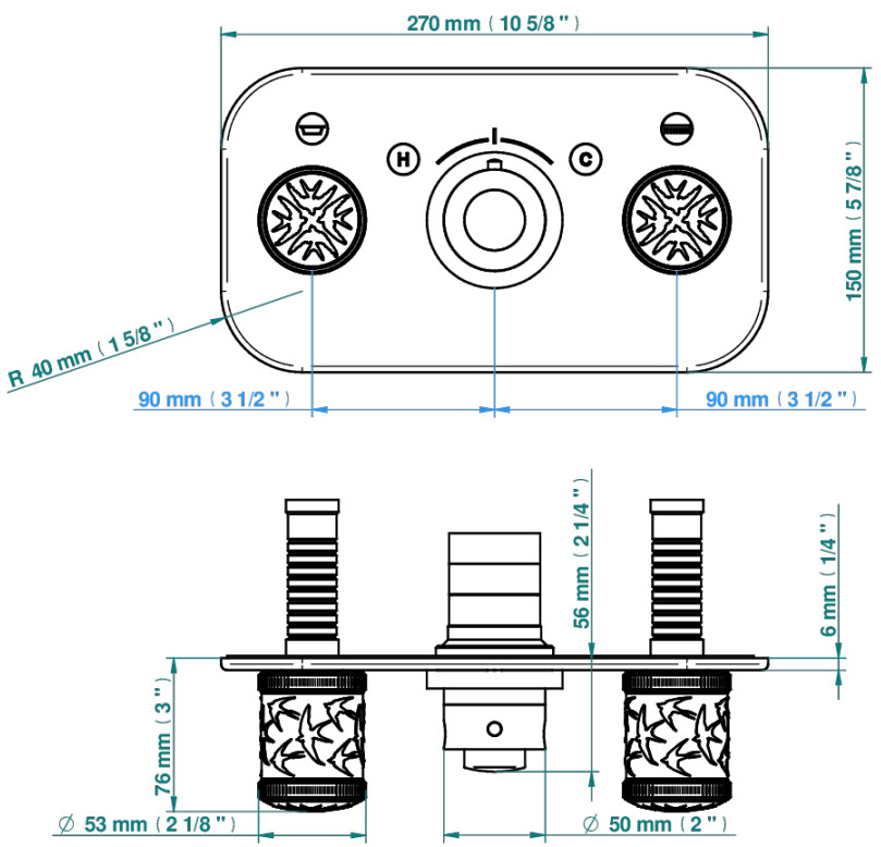 Set de finition THG pour douche thermostatique à encastrer avec deux robinets d'arrêt pour installation horizontale à 2 fonctions - Collection "Hirondelles tamponnées platine" — vue 5