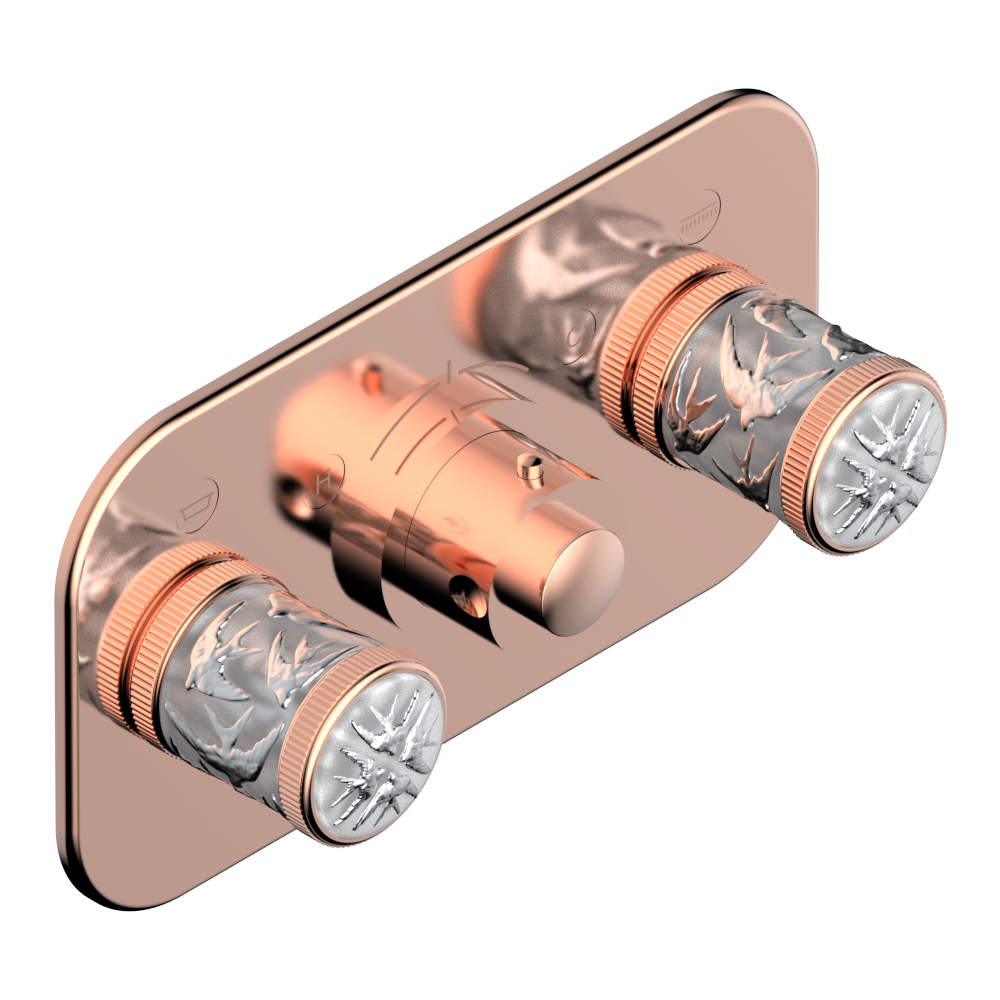Set de finition THG pour douche thermostatique à encastrer avec deux robinets d'arrêt pour installation horizontale à 2 fonctions - Collection "Hirondelles tamponnées platine" — vue 4