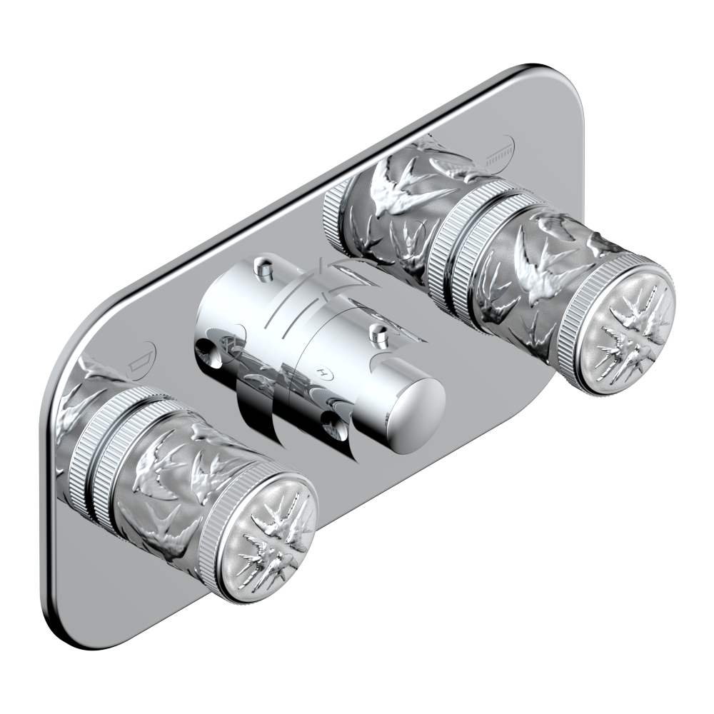 Set de finition THG pour douche thermostatique à encastrer avec deux robinets d&#39;arrêt pour installation horizontale à 2 fonctions - Collection &quot;Hirondelles tamponnées platine&quot;