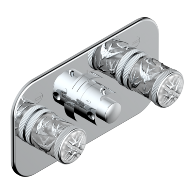 Set de finition THG pour douche thermostatique à encastrer avec deux robinets d&#39;arrêt pour installation horizontale à 2 fonctions - Collection &quot;Hirondelles tamponnées platine&quot;