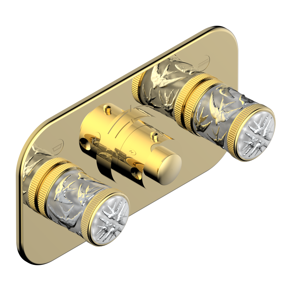 Set de finition THG pour douche thermostatique à encastrer avec deux robinets d'arrêt pour installation horizontale à 2 fonctions - Collection "Hirondelles tamponnées platine" — vue 3