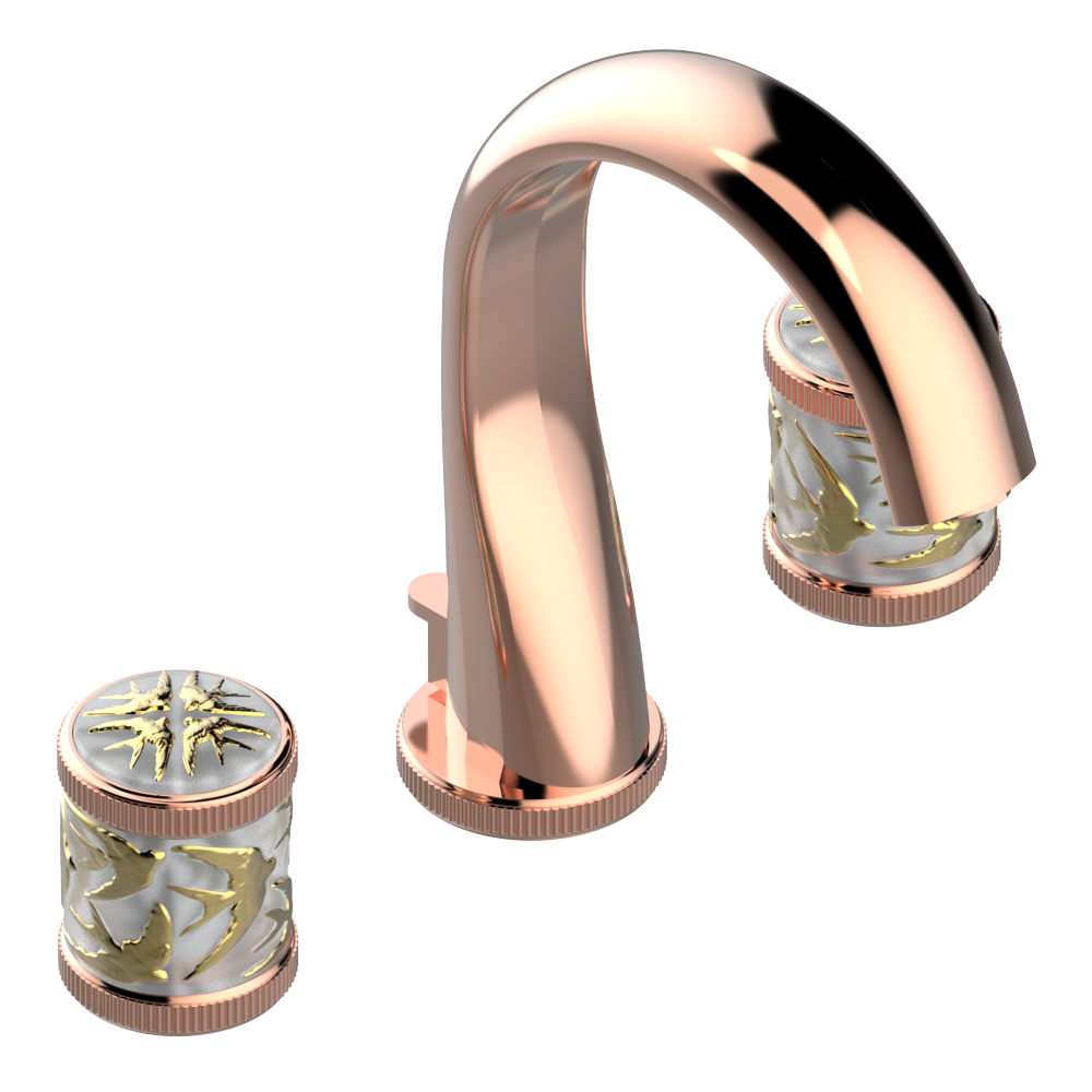 Mélangeur de lavabo 3 trous THG avec vidage pour serrage marbre - Collection "Hirondelles tamponnées Or" — vue 4