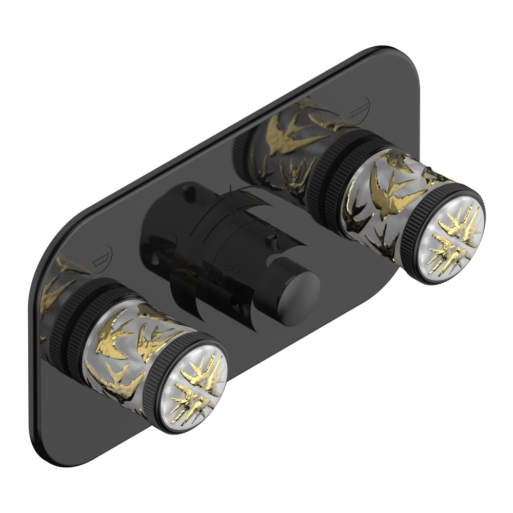 Set de finition THG pour douche thermostatique à encastrer avec deux robinets d'arrêt pour installation horizontale à 2 fonctions - Collection "Hirondelles tamponnées Or" — vue 2