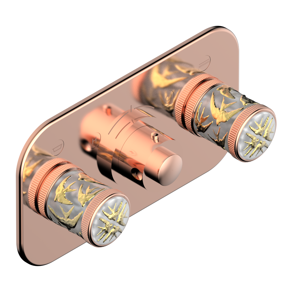 Set de finition THG pour douche thermostatique à encastrer avec deux robinets d'arrêt pour installation horizontale à 2 fonctions - Collection "Hirondelles tamponnées Or" — vue 4