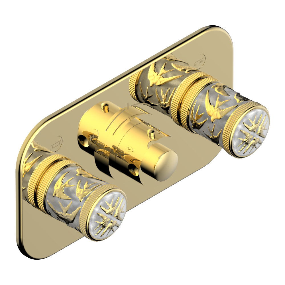 Set de finition THG pour douche thermostatique à encastrer avec deux robinets d'arrêt pour installation horizontale à 2 fonctions - Collection "Hirondelles tamponnées Or" — vue 3