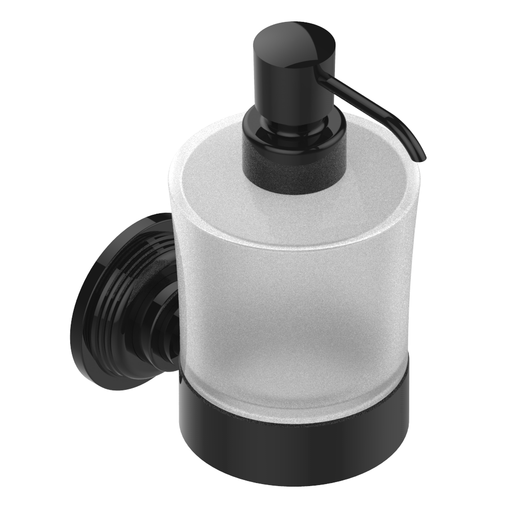 Distributeur de savon liquide THG Grand Central Onyx noir avec verre dépoli, pompe et base noires.