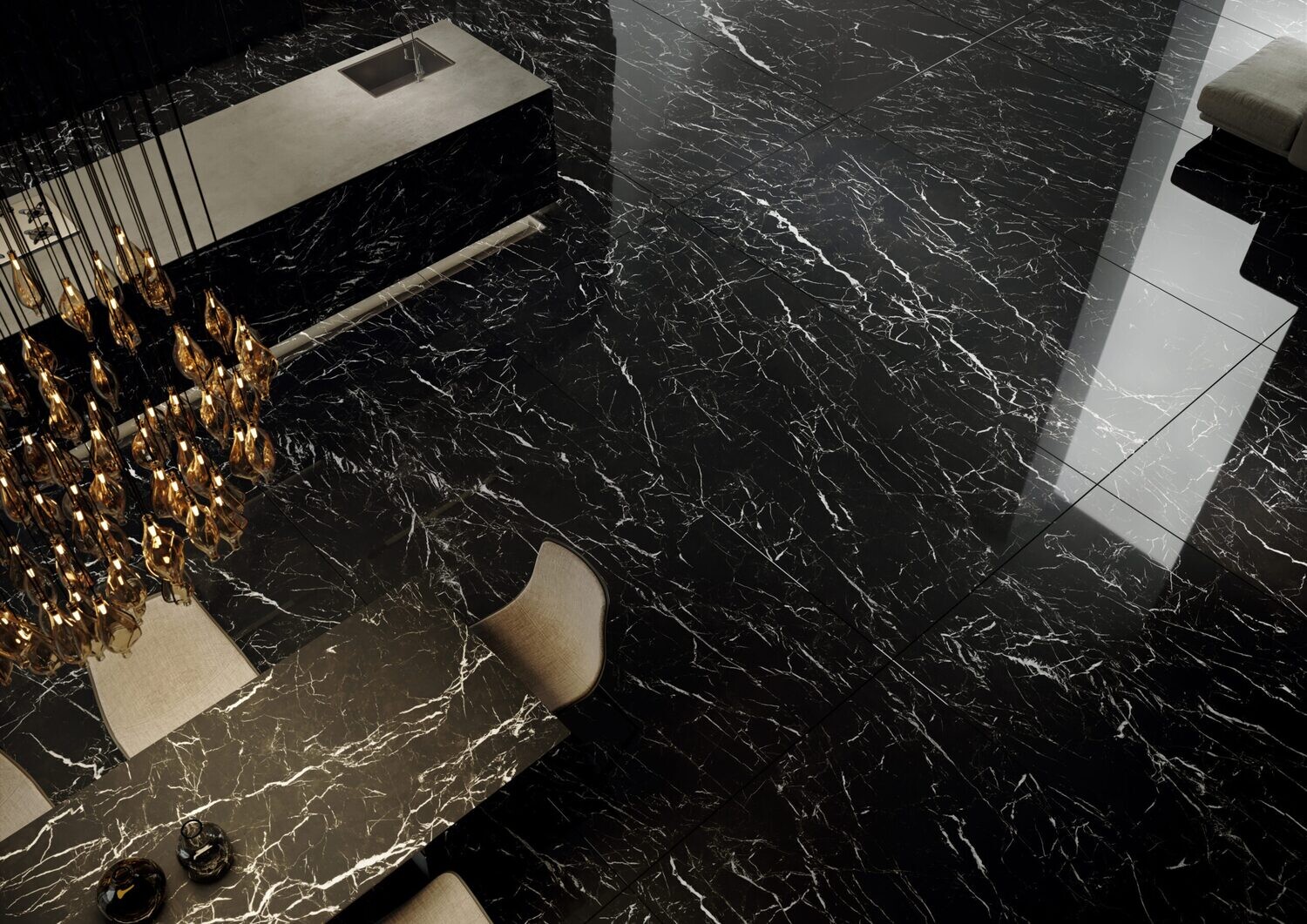 Grès cérame Tagina Marquina Nero brillant 120 x 280 cm, rectifié