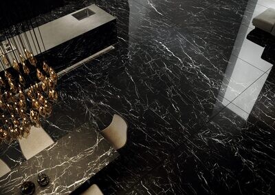 Grès cérame Tagina Marquina Nero brillant 120 x 280 cm, rectifié