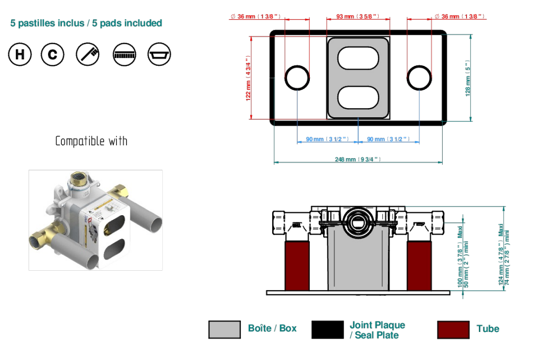 Set de finition THG pour douche thermostatique à encastrer avec deux robinets d'arrêt pour installation horizontale à 2 fonctions - Collection "Ginkgo" - vue 6