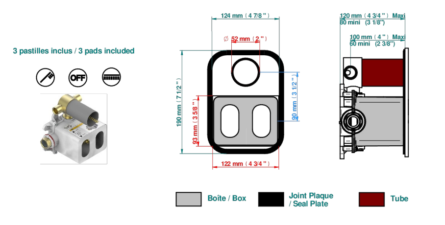Set de finition THG pour douche thermostatique à encastrer 2 fonctions avec inverseur - Collection "Ginkgo" - vue 6