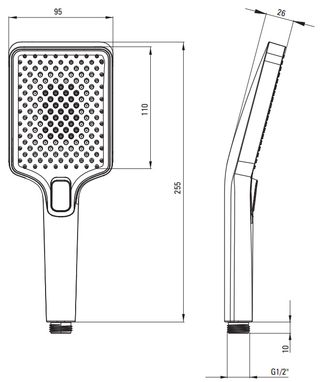 Pommeau de douche à main Deante Anemon, 4 jets, finition noire mate, schéma technique avec dimensions indiquées.