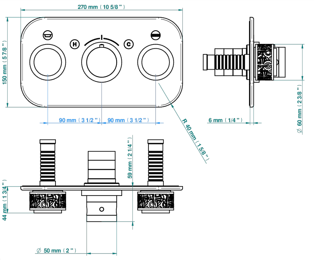 Set de finition THG pour douche thermostatique à encastrer avec deux robinets d'arrêt pour installation horizontale à 2 fonctions - Collection "New Paradise" - vue 7