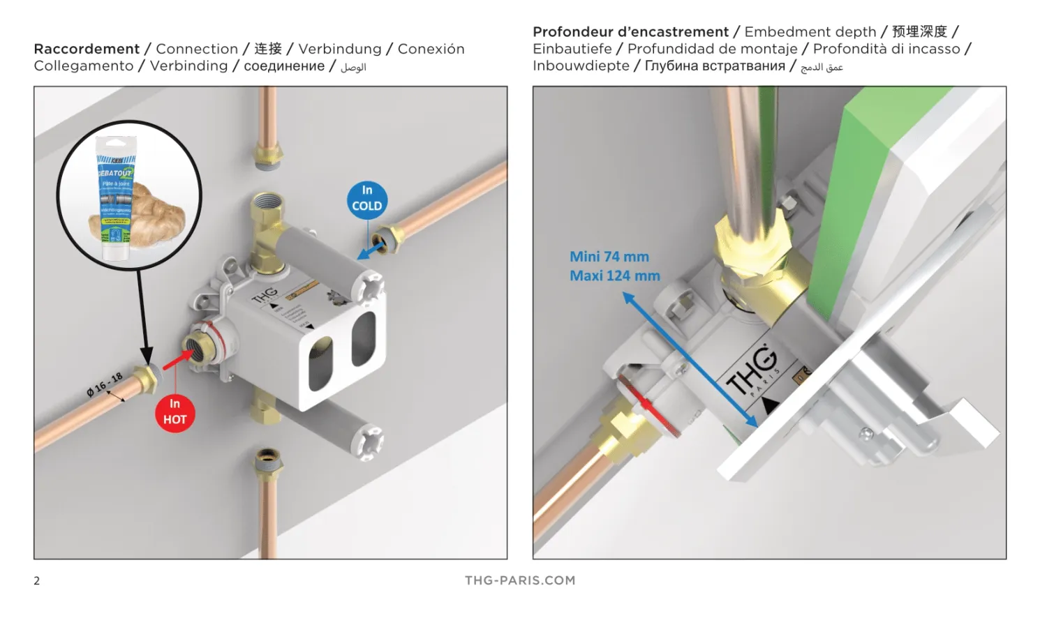 Corps d'encastrement THG pour mitigeur de douche à encastrer thermostatique — vue 4