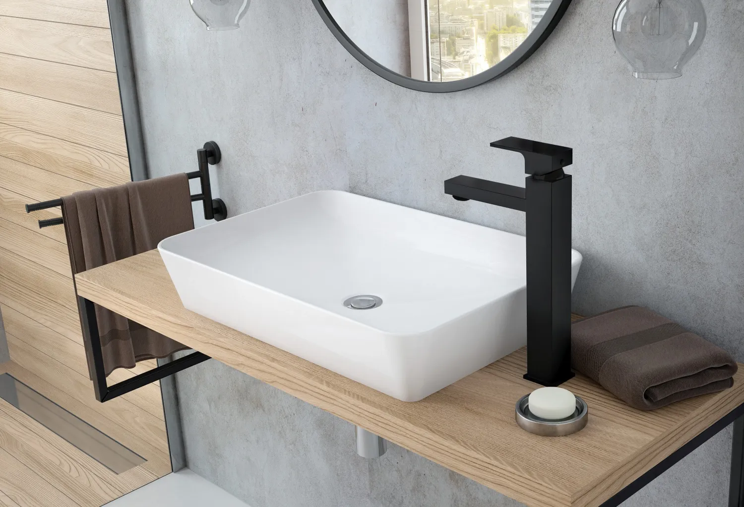 Mitigeur de lavabo rehaussé Deante Anemon 232 avec bonde clic-clac en noir mat