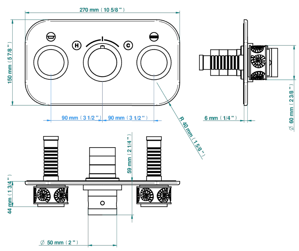 Set de finition THG pour douche thermostatique à encastrer avec deux robinets d'arrêt pour installation horizontale à 2 fonctions - Collection "New Island" - vue 6