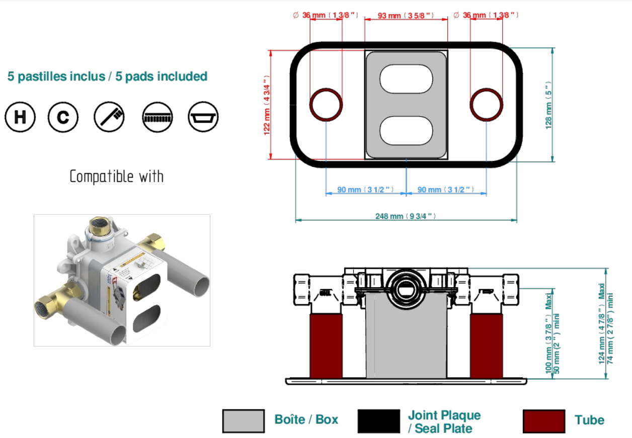Set de finition THG pour douche thermostatique à encastrer avec deux robinets d'arrêt pour installation horizontale à 2 fonctions - Collection "Zoom.5" - vue 7