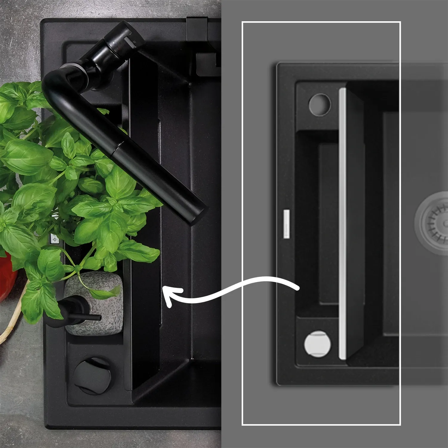 Évier de cuisine encastrable double bac granit Magnétique Deante 116 x 50 cm en finition graphite métallique avec vidage automatique télescopique gain de place — vue 4