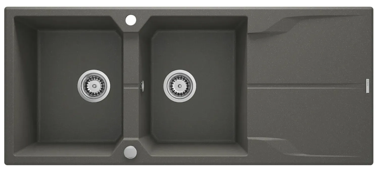 Évier de cuisine encastrable double bac granit Deante Andante 116 x 50 cm en anthracite métallisé avec vidage télescopique gain de place 