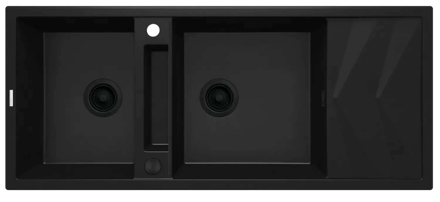 Évier de cuisine encastrable double bac granit Magnétique Deante 116 x 50 cm en noir avec vidage télescopique gain de place
