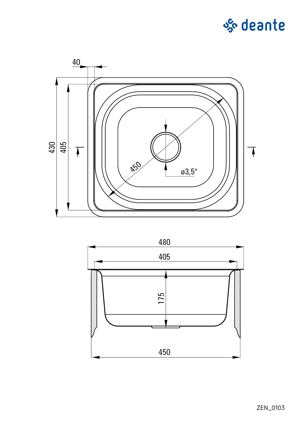 Évier de cuisine encastrable simple bac​ Deante Doppio 48 x 43 cm en acier inoxydable avec vidage  - vue 4