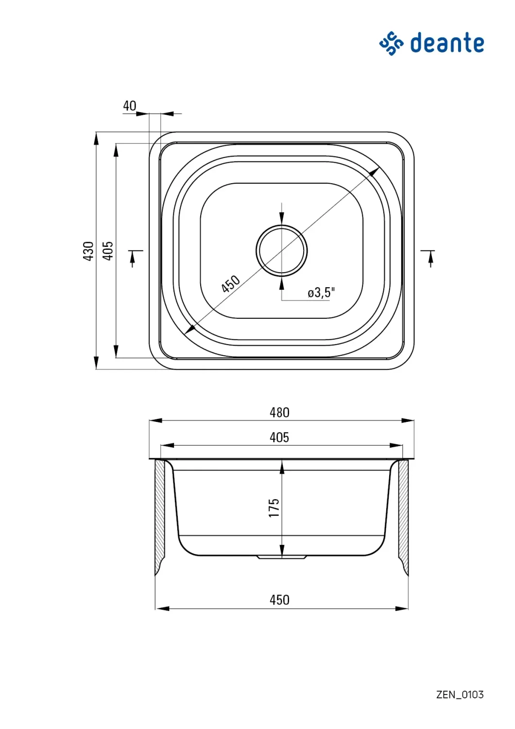 Évier de cuisine encastrable simple bac Deante Doppio 48 x 43 cm en acier inoxydable avec vidage — vue 4