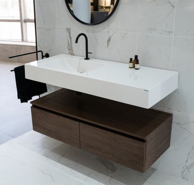 Meuble bas suspendu 120 cm pour salle de bain à deux tiroirs (sans vasque)