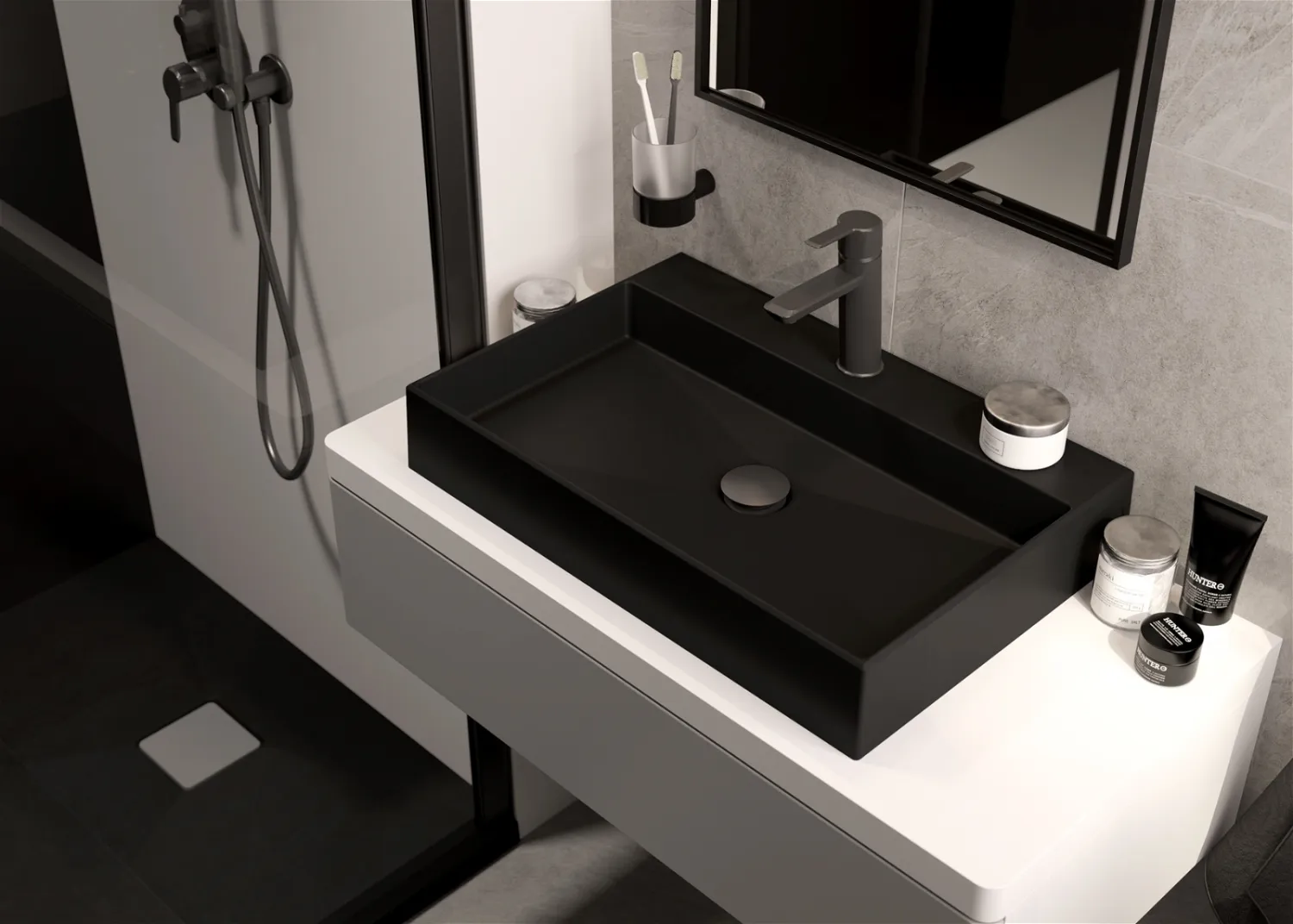 Lavabo à poser rectangulaire Deante Correo 60 cm en granite noir mat