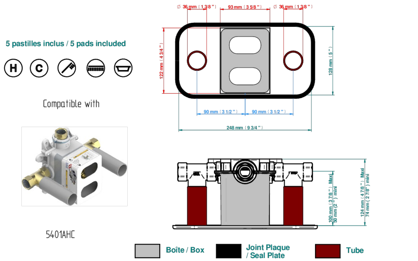 Set de finition THG pour douche thermostatique à encastrer avec deux robinets d'arrêt pour installation horizontale à 2 fonctions - Collection "Yoko" - vue 7