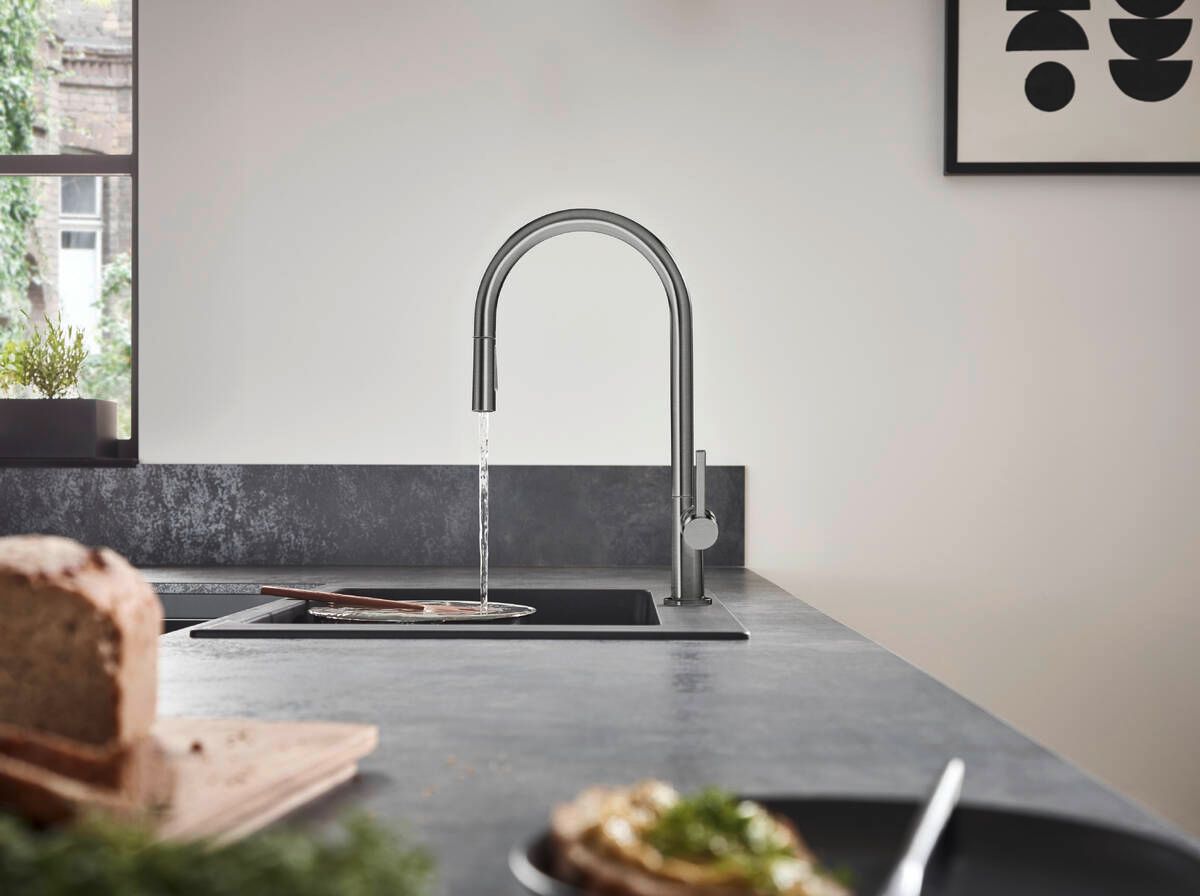 Mitigeur de cuisine Hansgrohe Talis M54 210 avec douchette extractible 2 jets, sBox en noir chromé brossé