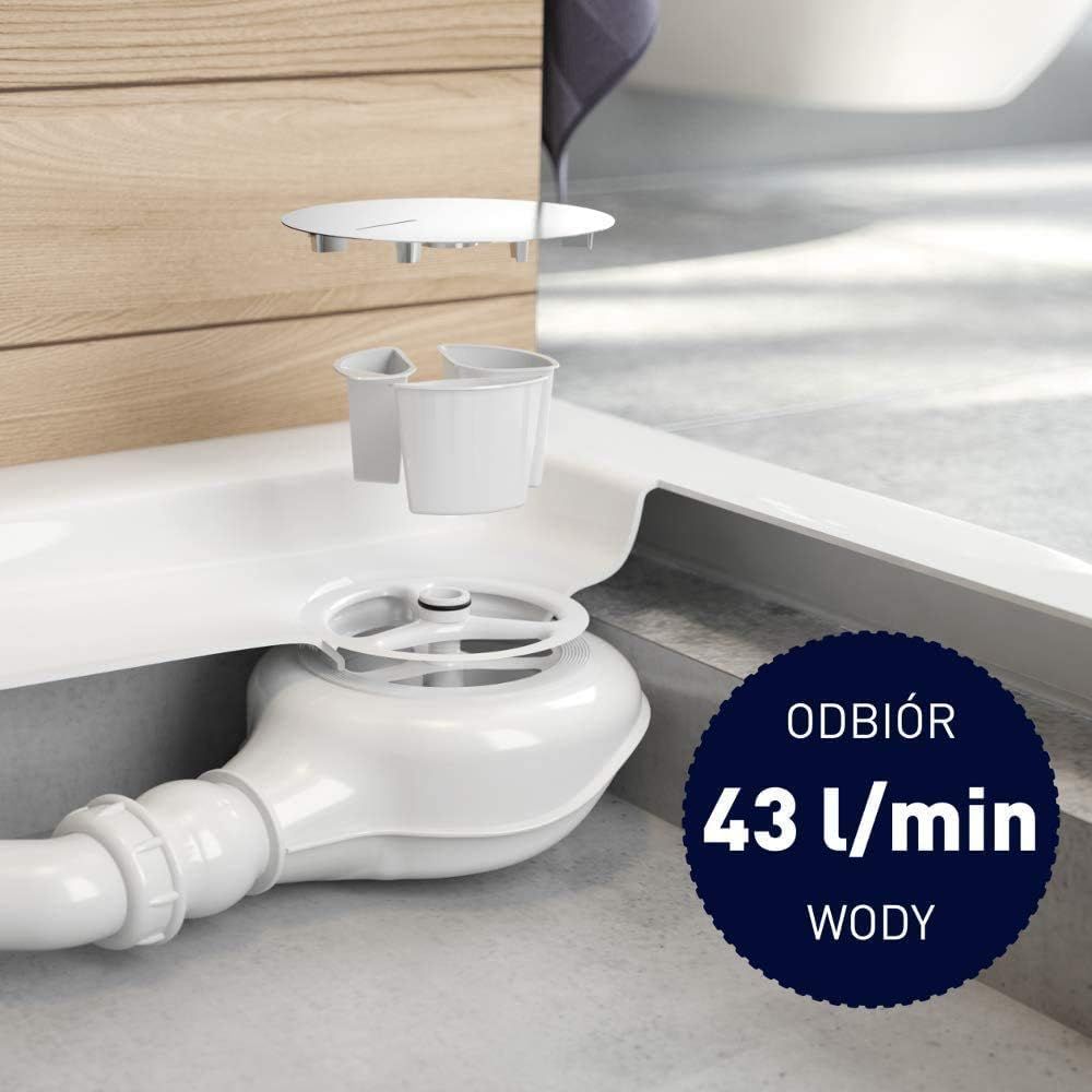Bonde de douche Deante avec sortie de 90 mm, débit de 43 l/min, composants de finition blanche et chromée.