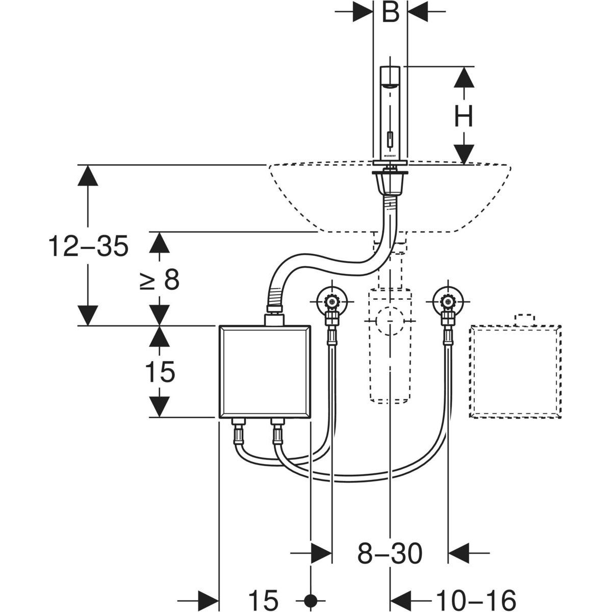 Mitigeur de lavabo Geberit Brenta, alimentation par pile, avec module fonctionnel apparent