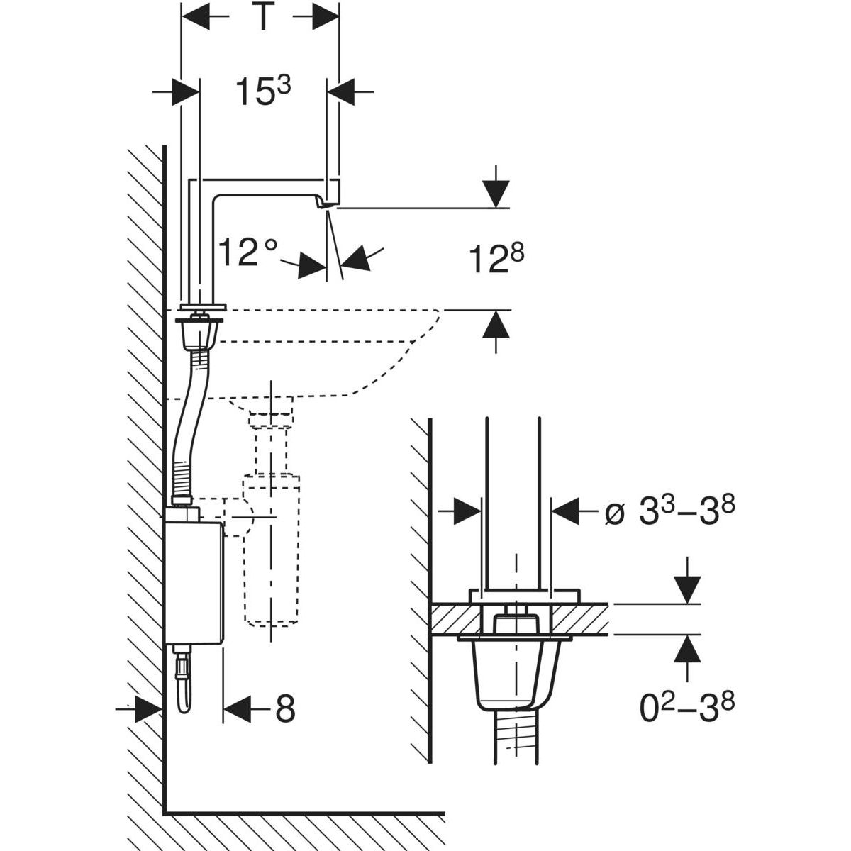 Mitigeur de lavabo Geberit Brenta, alimentation par pile, avec module fonctionnel apparent — vue 3
