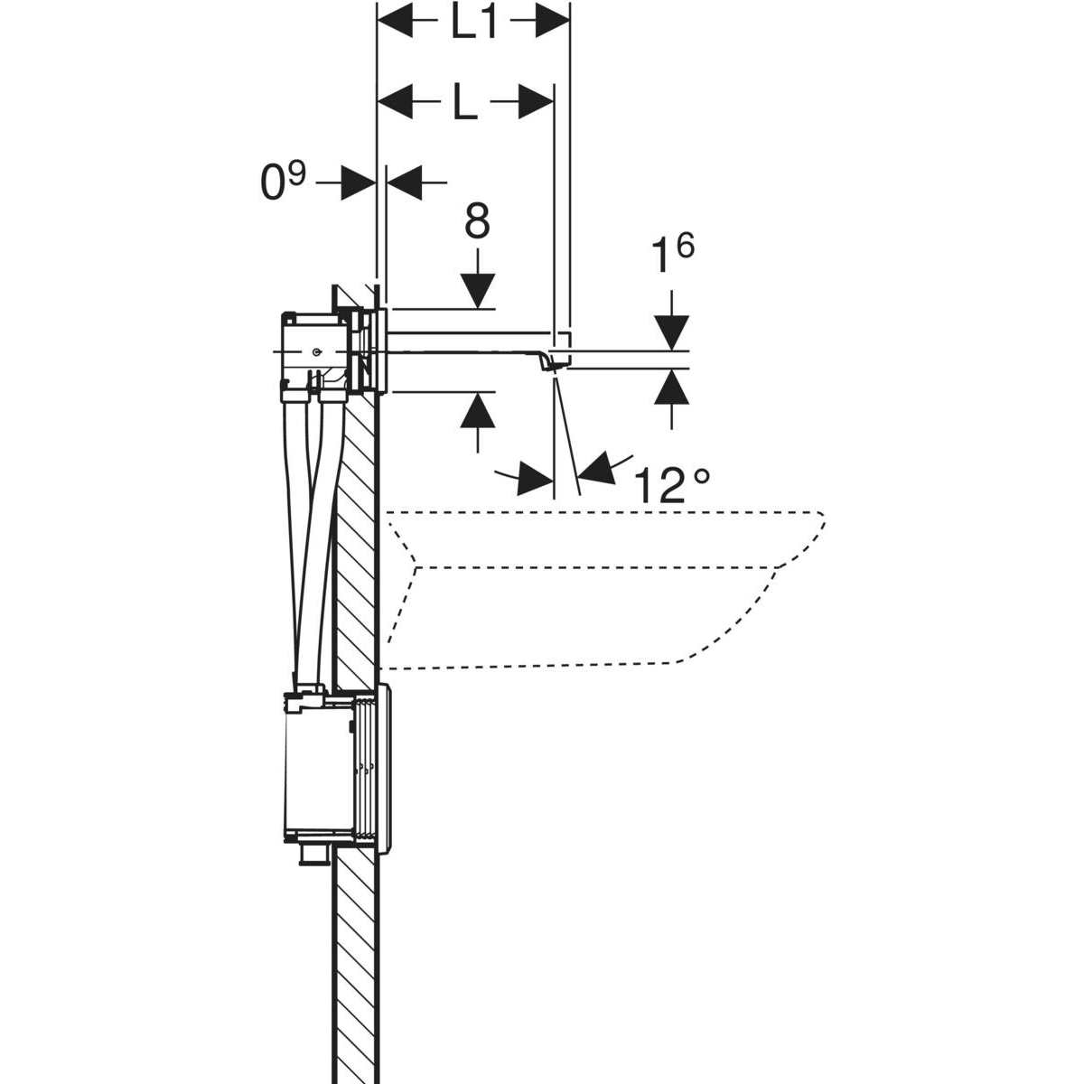 Robinet électronique de lavabo Geberit Brenta montage mural, alimentation sur secteur, pour module fonctionnel à encastrer - vue 2
