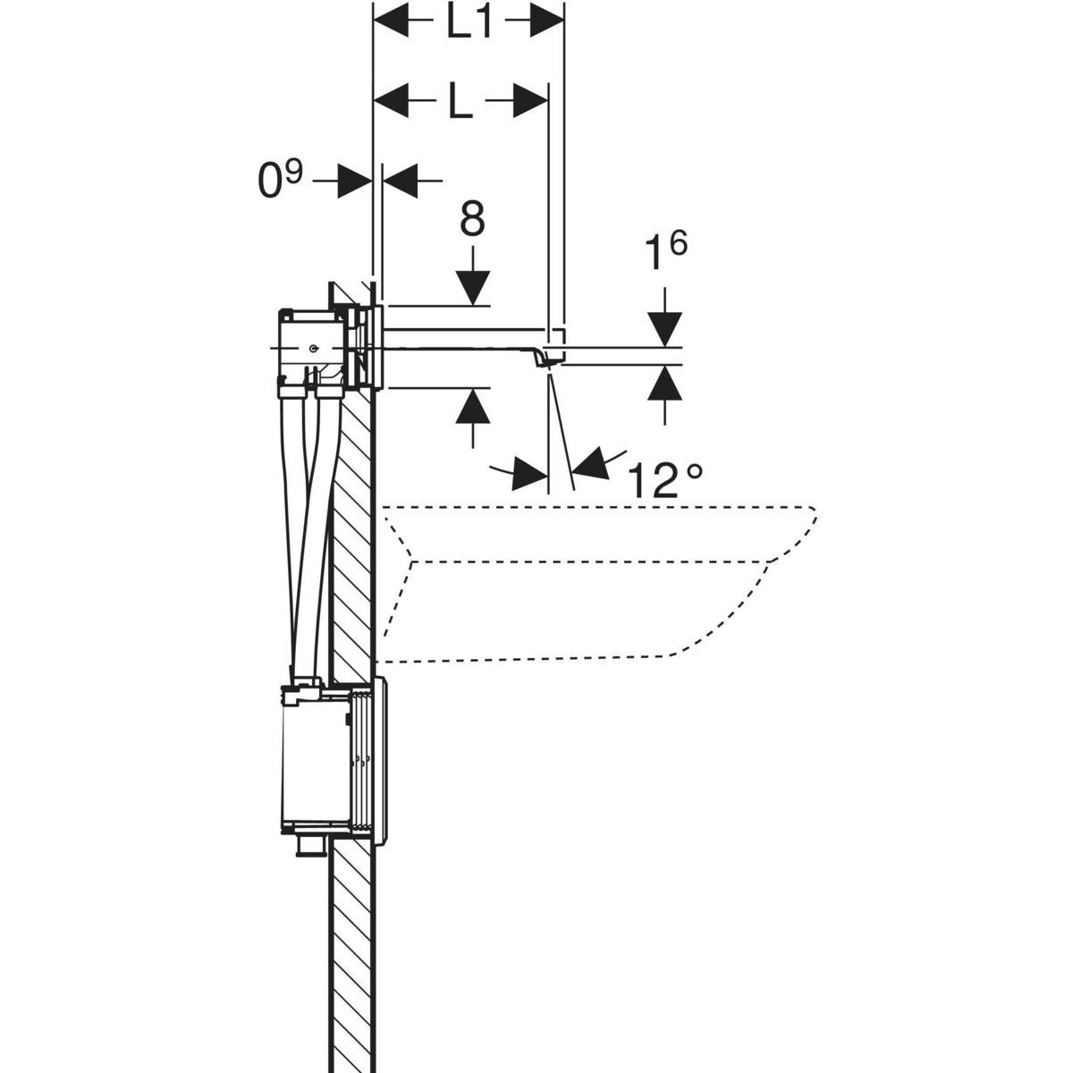 Robinet électronique de lavabo Geberit Brenta montage mural, alimentation sur secteur, pour module fonctionnel à encastrer
