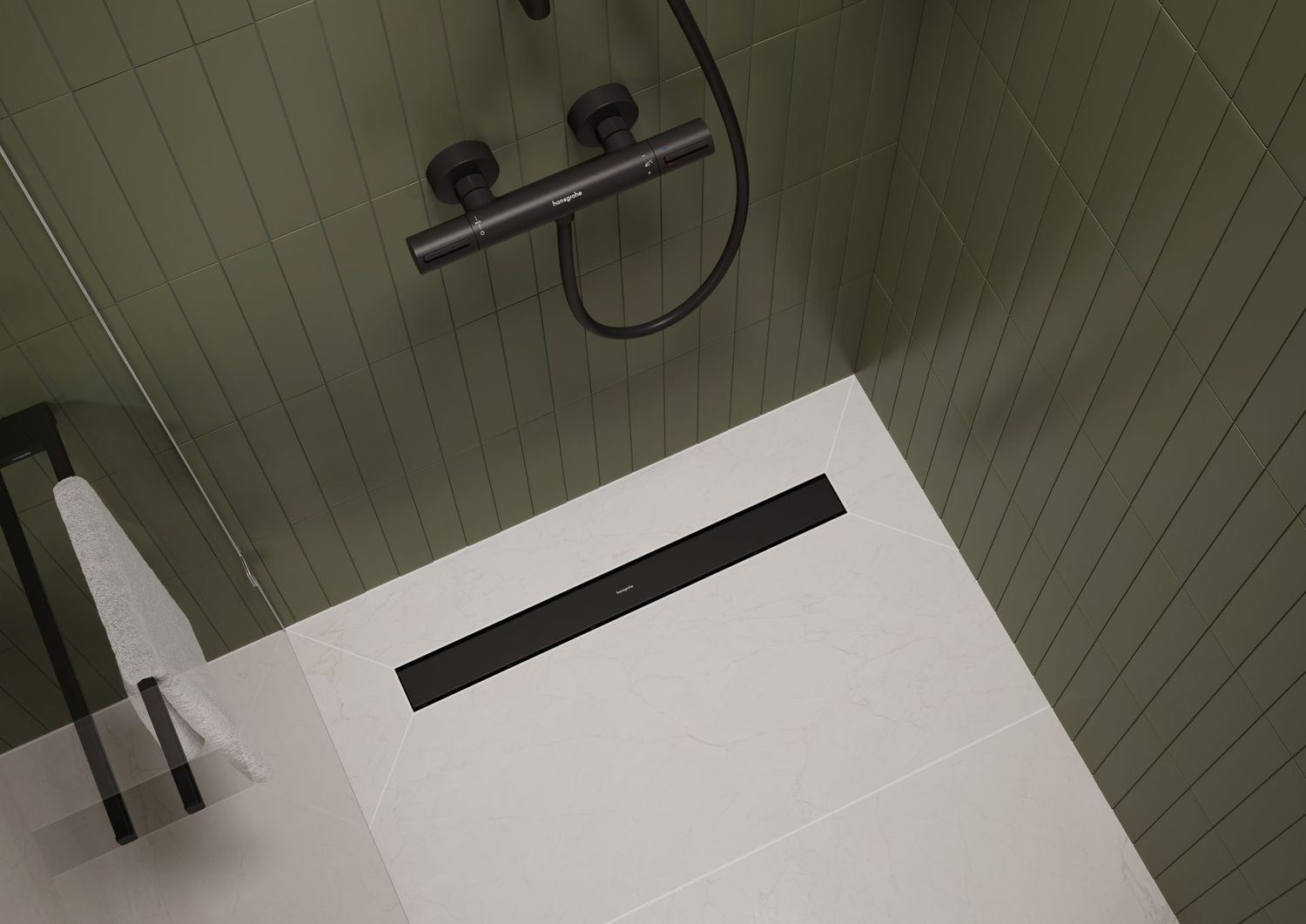 Pack complet Hansgrohe RainDrain Go pour installation caniveau de douche à carreler 900 mm, en noir mat - débit d'évacuation 31 L/min — vue 3