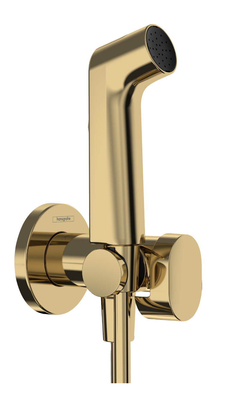 Douchette hygiénique pour WC Hansgrohe S en doré poli pour eau mitigée avec support et flexible