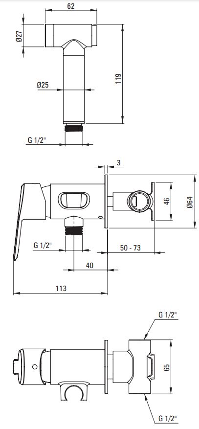 Ensemble hygiénique de WC avec mitigeur encastré Deante Arnika en chromé avec flexible de 120 cm — vue 2