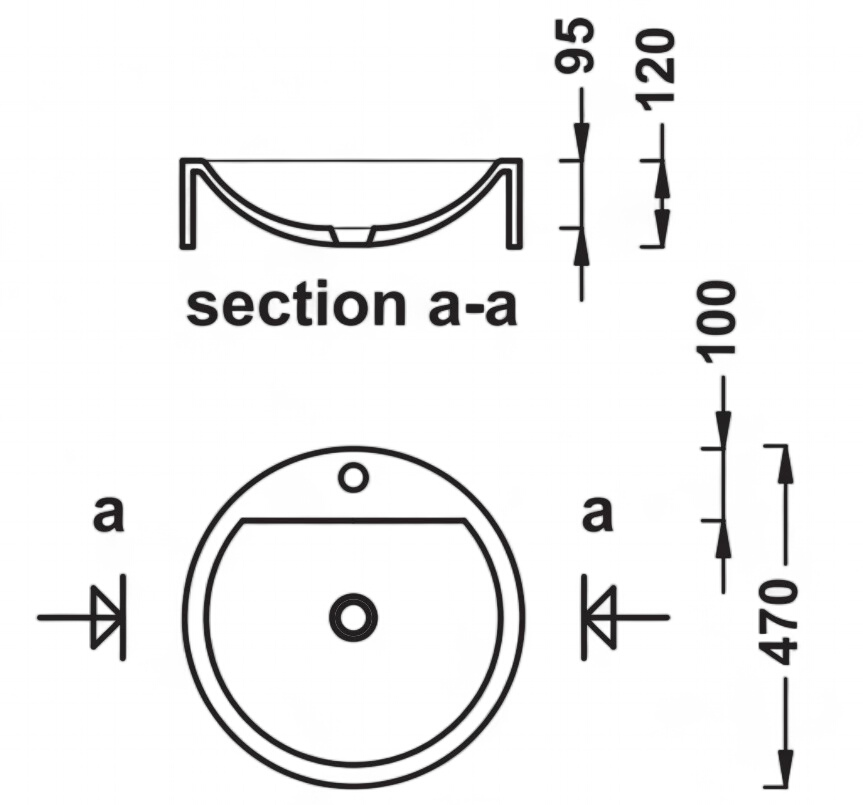 Bol à poser Tempo 47 cm dimensions schéma technique coupe et dessus.