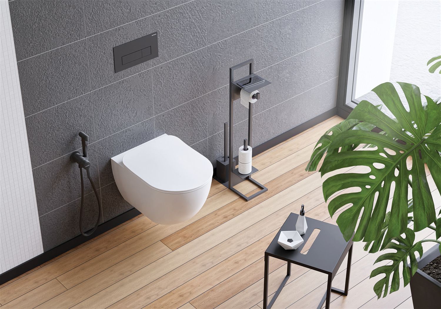 Hygienic WC Set with Built-in Mixer Deante Arnika in Matte Black with 120 cm Flexible