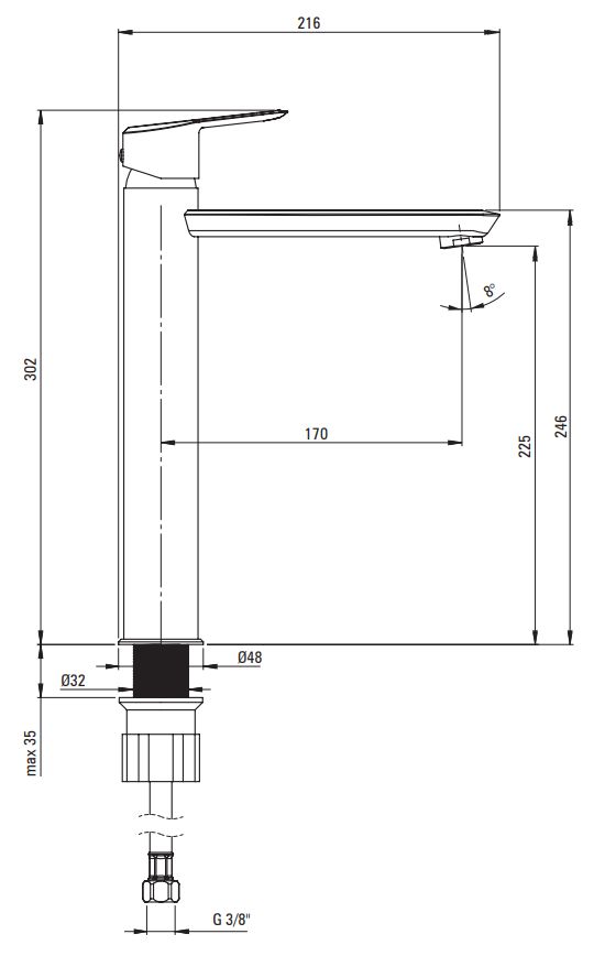 High Spout Basin Mixer Deante Arnika 225 Without Waste in Matte Black
